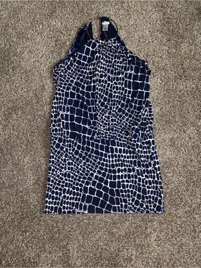 Cache Y2K Halter Mini Dress Size 4 Navy White Animal Print Metal Neck Party